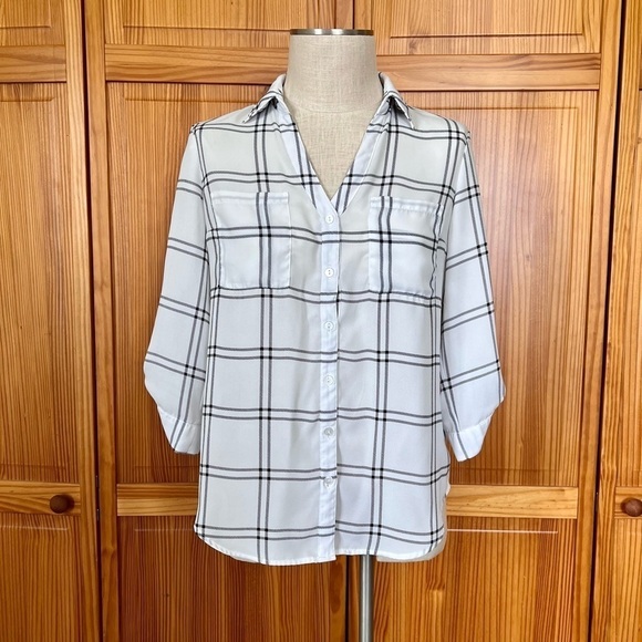 Fortune & Ivy Small White Black Plaid Windowpane Button Front Blouse Roll Tab - Picture 3 of 10